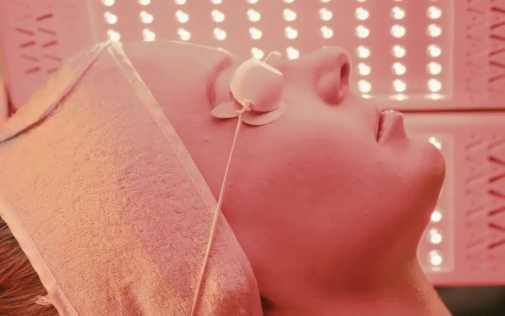 Close up view of a female patient undergoing light therapy for Meibomian Gland Dysfunction.