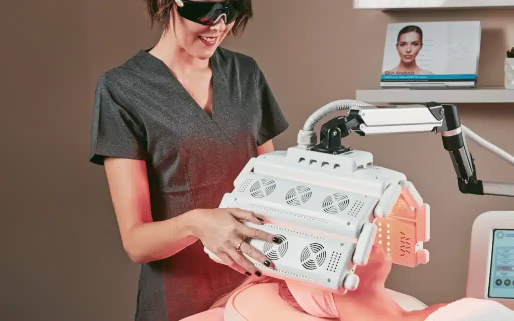 An operator positions a low level light therapy device over a patients face.