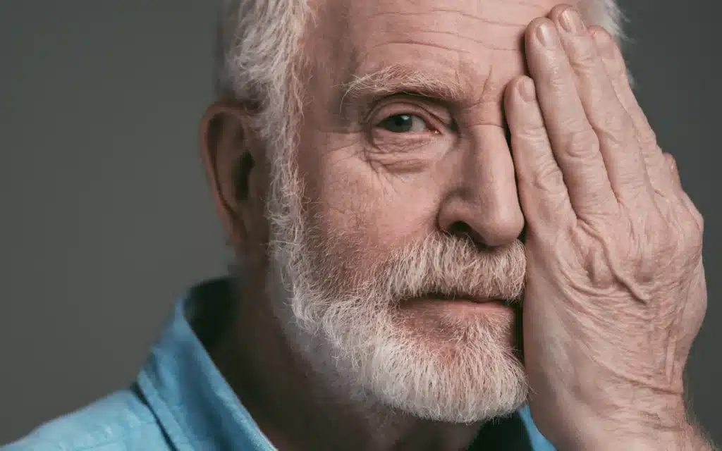 An older man covering one eye with his hand, suggesting concern about vision loss or macular degeneration